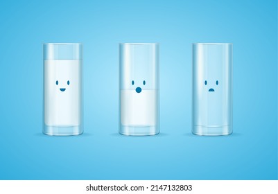 Realistic Detailed 3d Milk Glass Set Full, Half and Empty View on a Blue. Vector illustration