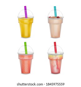 Realistic Detailed 3d Milkshake, Lemonade and Smoothie with Straw Set. Vector illustration of Fresh Sweet Beverage Concept