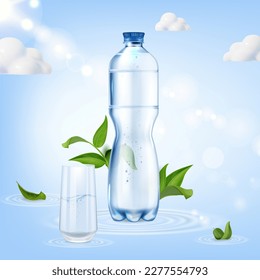 Realistic Detailed 3d Mineral Water Plastic Bottle Blank Empty Template Mockup with Green Leaves and Glass. Vector illustration