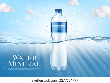 Cartel de Cartel de Pancarta de Pancarta de Pancartas con detalles realistas de 3d de Botella de Plástico de Agua Mineral. Ilustración del vector