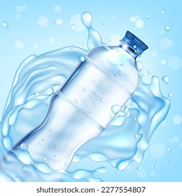 Realistic Detailed 3d Mineral Water Plastic Bottle Blank Empty Template Mockup with Watery Flow . Vector illustration