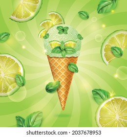 Realistic Detailed 3d Mint Lime Ice Cream Cone Concept with Fresh Leaves and Sliced Lime on a Green Background. Vector illustration of Icecream