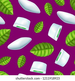 Realistic Detailed 3d Mints Chewing Gum with Fresh Green Mint Leaves Seamless Pattern Background. Vector illustration of Bubblegum
