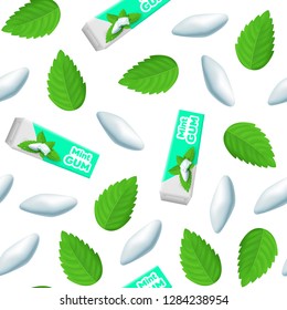 Realistic Detailed 3d Mints Chewing Gum with Fresh Green Mint Leaves Seamless Pattern Background on a White Promotion and Advertising Concept. Vector illustration