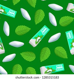 Realistic Detailed 3d Mints Chewing Gum with Fresh Green Mint Leaves Seamless Pattern Background Promotion and Advertising Concept. Vector illustration