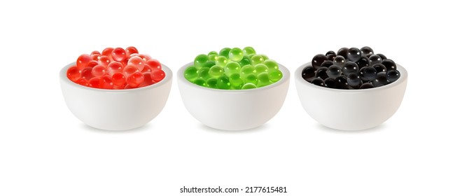 Realistischer, detaillierter 3D-Mix-Tapioca-Perlen-Bubble-Tee-Set für Sweet Drink einzeln auf weißem Hintergrund. Vektorgrafik