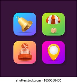 Realistic Detailed 3d Mobile Application Icons Set Include of Bell, Cap and Yellow Pin. Vector illustration