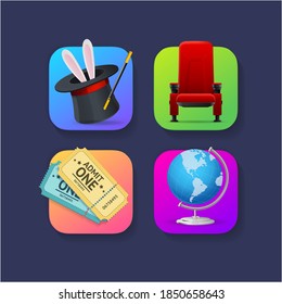 Iconos de aplicación móvil 3d detallados y realistas que incluyen el sombrero mágico, el boleto y el globo. Ilustración del vector