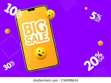 Realistic Detailed 3d Mobile Phone with Yellow Emoji Sign Big Sale Banner Concept Ad Poster Card. Vector illustration