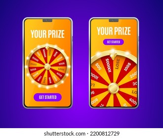 Realistic Detailed 3d Mobile Phone Screen with Casino Fortune Wheel Set Prize Application Concept. Vector illustration