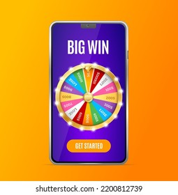 Realistic Detailed 3d Mobile Phone Screen with Casino Fortune Wheel Prize Application Big Win Concept. Vector illustration