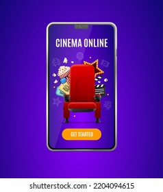 Realistic Detailed 3d Mobile Phone Screen With Cinema Online Movie Ticket Order Application Concept. Vector Illustration