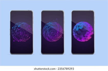 Realistic Detailed 3d Mobile Phone Screen Background with Different Abstract Geometric Sphere Set. Vector illustration of Smartphone