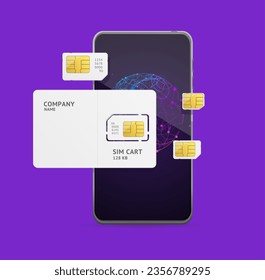 Realistic Detailed 3d Mobile Phone and Different Sim Card Type Around. Vector illustration of Standart, Micro and Nano Simcard