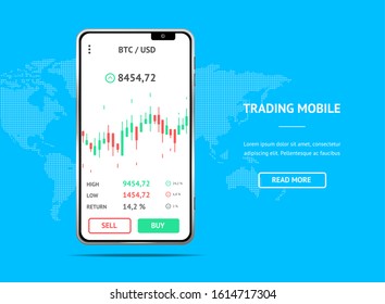 Realistic Detailed 3d Mobile Stock Investment Trading Concept with Economic Data Card. Vector illustration of Smartphone Screen