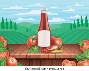 Realistic Detailed 3d Mockup Red Tomato Ketchup Bottle and Rural Landscape Scene Concept Background Card. Vector illustration