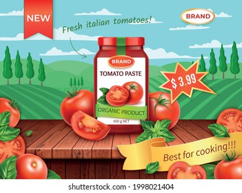 Realistic Detailed 3d Mockup Red Tomato Ketchup Bottle and Rural Landscape Scene Concept Background Card. Vector illustration