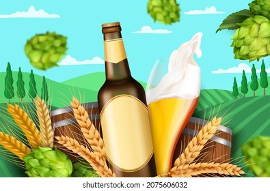 Realistic Detailed 3d Mockup Template Brown Glass Beer Bottle and Golden Beer Transparent Glass Cup on Green Fields Background Ads Banner Concept Poster Card. Vector illustration