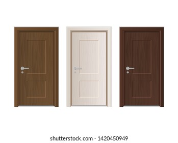 Realistic Detailed 3d Modern Closed Wooden Doors Set For Home And Office Interior. Vector Illustration Of Door