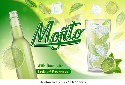 Realistic Detailed 3d Mojito Ads Banner Concept Poster Card. Vector illustration of Summer Alcohol Cocktail Drink