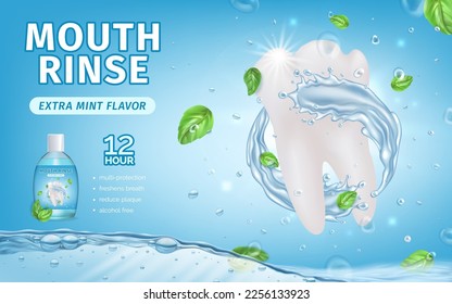 Realistic Detailed 3d Mouth Rinse Extra Mint Flavor Ads Banner Dental Health and Oral Hygiene Concept Poster Card. Vector illustration