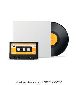 Realistic Detailed 3d Musical Vinyl Record in White Packaging and Tape Audio Cassette Set. Vector illustration of Vintage Audio Cassette and Vinyl Disc