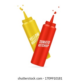 Realistic Detailed 3d Mustard and Ketchup Bottle Set with Splatter on a White for Ad. Vector illustration