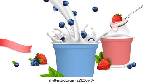 Realistic Detailed 3d Natural Strawberry and Blueberry Greek Yogurt Isolated on a White Background. Vector illustration