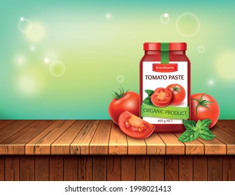 Realistic Detailed 3d Natural Tomatoes Paste with Red Tomato and Basil Leaves on Wooden Table Background Card. Vector illustration of Sauce