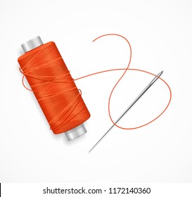 Realistic Detailed 3d Needle and Red Thread Isolated on a White Background for Web and App. Vector illustration