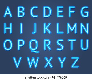 Realistic Detailed 3d Neon Lights Signs Set on a Blue Background Alphabet Font Design Element. Vector illustration of Light Sign