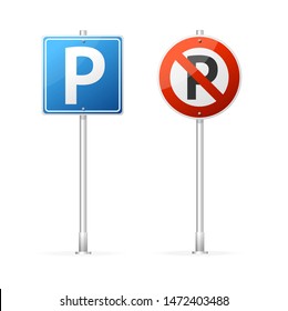 Realistic Detailed 3d No Parking and Parking Road Sign Group. Vector illustration of Roadsign for Urban Driving