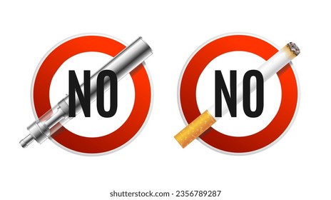 Realistic Detailed 3d No Smoking and Vaping Forbiddance Concept Set Stop Sign with Cigarette and E-cigarette. Vector illustration