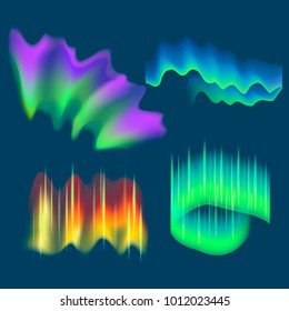 Realistic Detailed 3d Northern Aurora Lights Set Different Types on a Blue Sky Background. Vector illustration of Borealis
