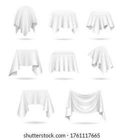 Realistic Detailed 3d Objects Covered White Blank Cloth Set Different Types Shapes. Vector illustration of Hanging Fabric