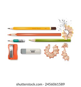 Realistic Detailed 3d Office Stationery Concept Isolated on a White Background. Vector illustration of Sharpener, Pencils and Eraser