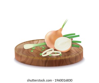 Realistic Detailed 3d Onions Slices and Whole on a Round Wooden Board. Vector illustration of Onion Bulb for Cooking