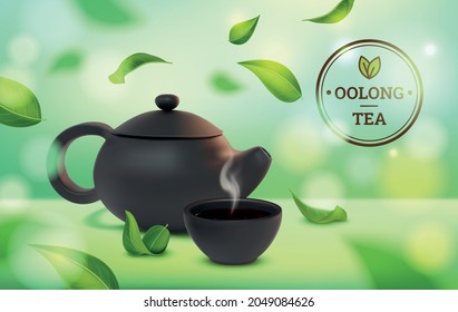 Realistic Detailed 3d Oolong Tea Concept Background Brown Ceramic Teapot and Cup. Vector illustration of Asian Teaware