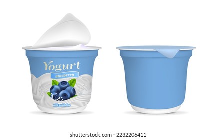 Contenedor de empaquetado 3d de yogur azul abierto realista y conjunto de mockup de plantilla vacío. Ilustración vectorial de Yogurt