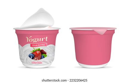 Realistic Detailed 3d Open Fresh Berries Yogurt Packaging Container and Empty Template Mockup Set. Vector illustration