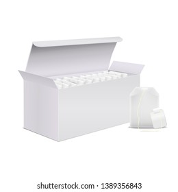 Realistic Detailed 3d Open Full White Blank Tea Box And Teabag Empty Template Mockup Set. Vector Illustration