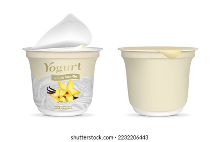 Realistic Detailed 3d Open Greek Vanilla Yogurt Packaging Container and Empty Template Mockup Set. Vector illustration