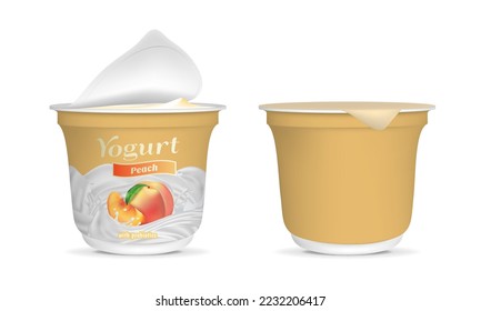 Realistic Detailed 3d Open Peach Yogurt Packaging Container and Empty Template Mockup Set. Vector illustration of Yoghurt