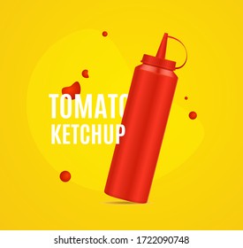 Realistic Detailed 3d Open Red Ketchup Bottle with Splashes Fast Food Concept Ad Poster Card. Vector illustration of Spicy Taste