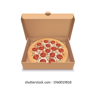 Caja de paquetes 3d de visualización abierta con pizzas calientes. Ilustración vectorial del contenedor de cartón en blanco