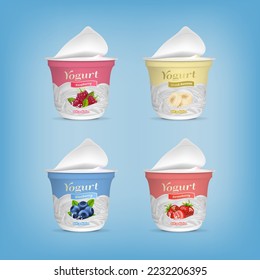 Realistic Detailed 3d Open Yogurt Packaging Container Blueberry, Raspberry, Strawberry and Banana Taste Set. Vector illustration