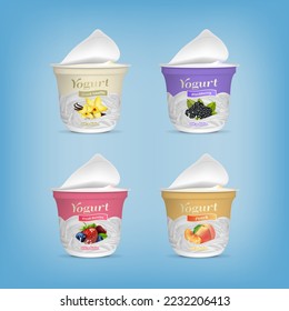 Realistic Detailed 3d Open Yogurt Packaging Container Greek Vanilla, Fresh Berries, Peach and Blackberry Taste Set. Vector illustration