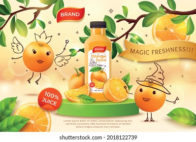 Botella de plástico de jugo de naranja 3d con carteles con anuncios de carteles de anuncios de mascotas. Ilustración vectorial de la fruta del cítrico de la bebida