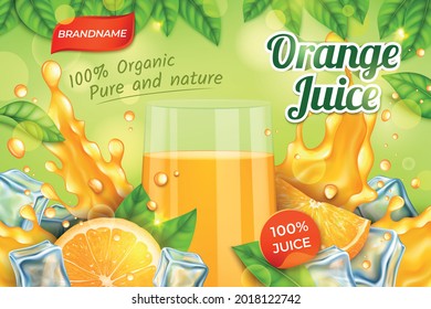 Realistic Detailed 3d Orange Juice Glass Cup Ads Banner Concept Poster Card. Vector Illustration Of Summer Citrus Drink