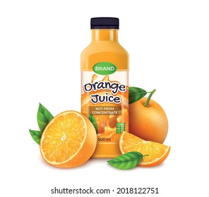 Realistic Detailed 3d Orange Juice Plastic or Glass Bottle with Whole and Pieces Citrus Fruit . Vector illustration